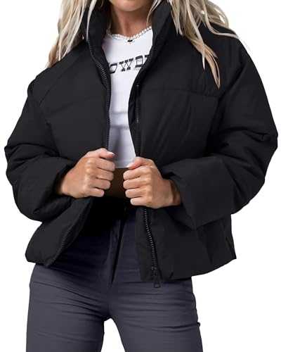 NORTH FARER Womens Winter Puffer Jacket Cropped Long Sleeve Zip Up Baggy Short Down Coats with Pockets