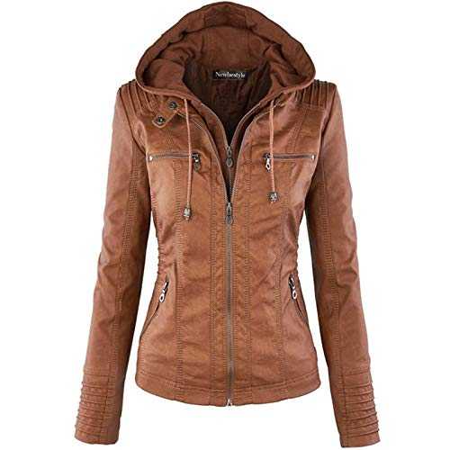 Newbestyle Faux Leather Jacket for Women Hooded Moto Biker Jacket Full Zip Pleated Overcoat Casual Coat Warm Tops