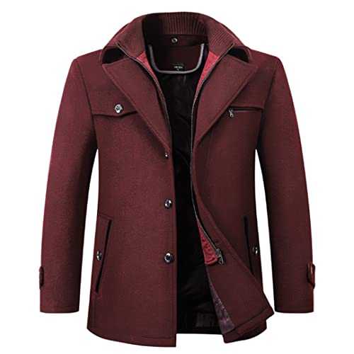 Fashion Winter Woolen Jacket Men Double Collar Thick Trench Coat Mens Wool Blends Coats Business Casual Woolen Overcoat Burgundy XL