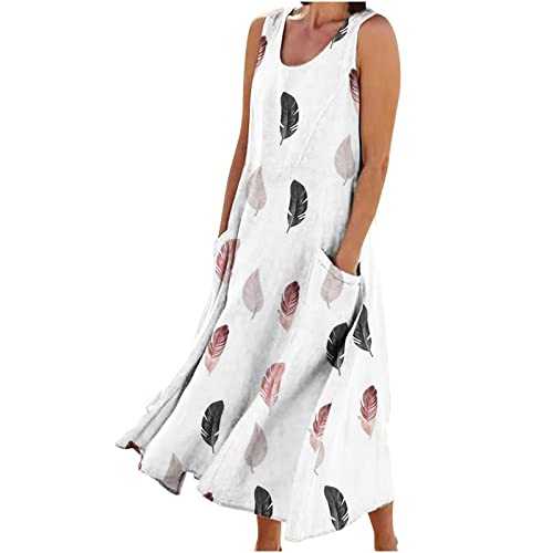 Maxi Dresses for Women UK Cotton Linen Casual Oversized Tunic Dress Sleeveless Vest Dress with Pocket Solid Color A-line Dress Baggy Beach Long Dress Summer Floral Print Sundress