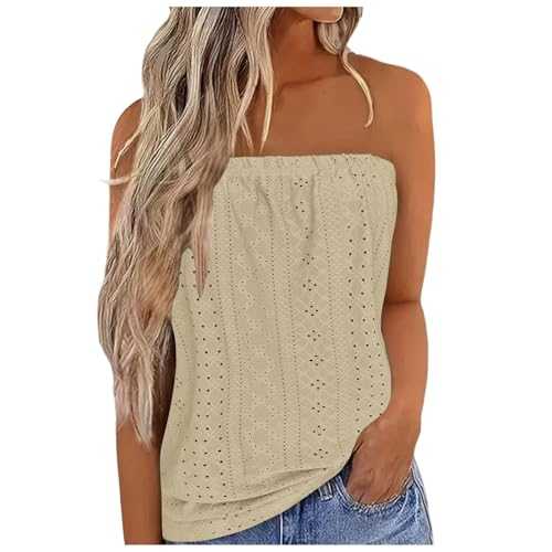Summer Tops for Women UK Sale Promotion Strapless Vest Tops Sleeveless Tube Bandeau Tops Casual Loose Fit Blouse Tunic T Shirts Trendy Plain T Shirt Eyelet Tees Tank Tops Clearance