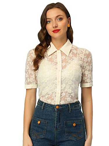Allegra K Floral Lace Shirt for Women's 2023 Short Sleeve Semi Sheer Button Down Blouse