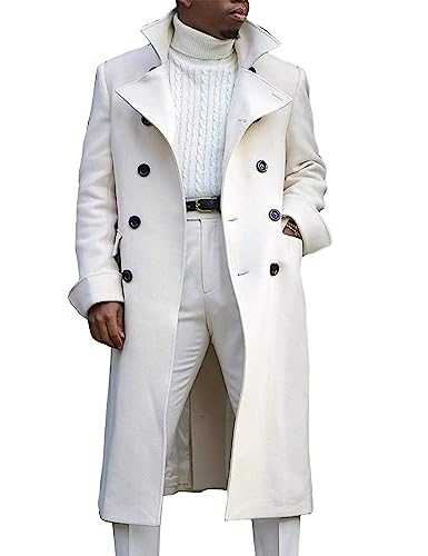 Springrain Men's Pea Coat Double Breasted Overcoat Lapel Coat Classic Long Trench Coat, White, M
