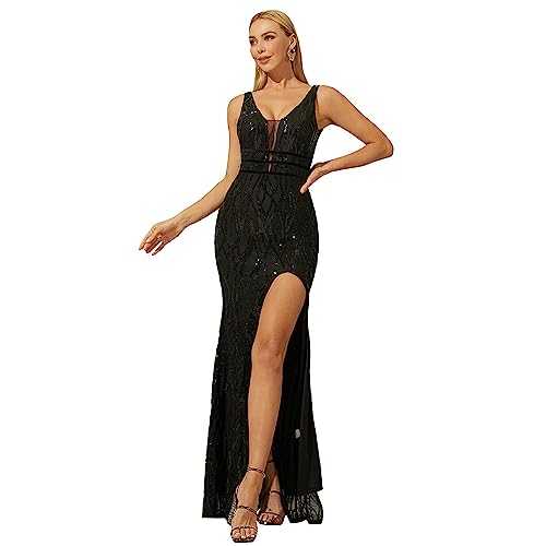 Lin Lin Q Women’s Formal Sequin Double V Neck Prom Maxi Dress, Sleeveless Split Evening Gown