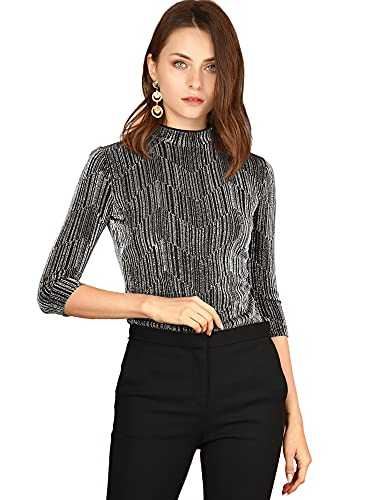 Allegra K Women's Party Glitter 3/4 Sleeve Shiny Striped Metallic Tops