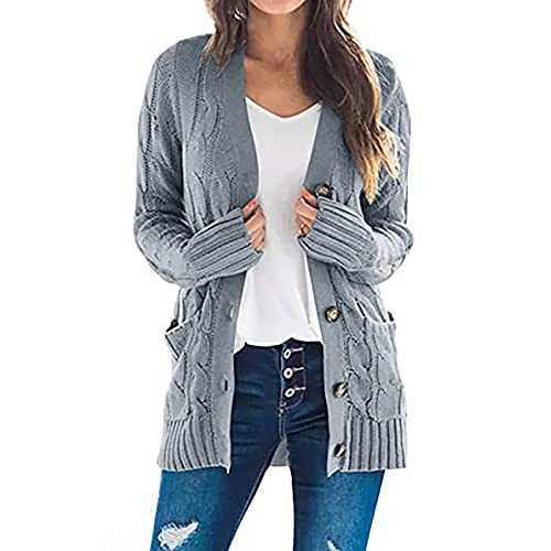 Cardigans for Women UK Clearance Women's Open Front Cardigan Sweaters Fall Long Sleeve Cable Knit Sweater Button Loose Jackets Outerwear Coats with Pockets