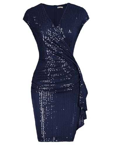 GRACE KARIN Sequin Dress for Women UK Cap Sleeve V-Neck Ruffled Mini Bodycon Evening Wedding Guest Dress