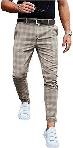 tylxayoxa Men's Plaid Slim Fit Plaid Trousers Business Slim Leisure Trousers Summer Trousers Leisure Trousers Suit Trousers For Men (Color : Khaki, Size : M)