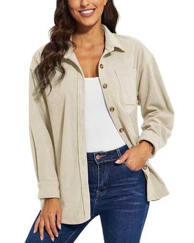 Women's Corduroy Shirts Casual Button Down Long Sleeve Shacket Warm Soft Shirt Jackets with Chest Pocket Button Cuff