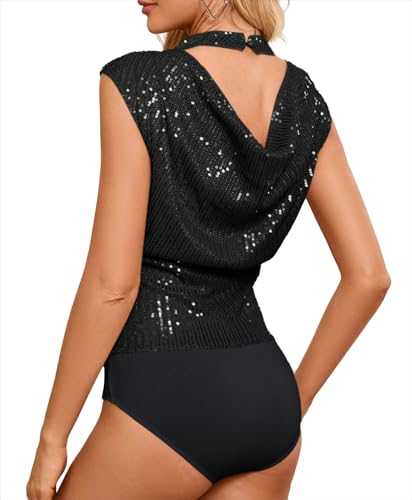 Kate Kasin Sequin Sparkly Tops for Women Sleeveless Bodysuit Stand-up Collar Color Blocked Outfits Party Club Blouse