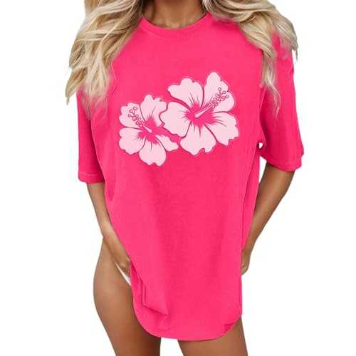 T-Shirt Beach Oversized Graphic T-Shirts for Women Baggy Aesthetic Shirts Summer Holiday Tops Glitter Top, Hot Pink, S