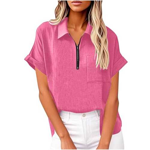 Flodxo Cheesecloth Tops for Women Plus Size Short Sleeve Shirt Summer Casual Elegant Ladies Blouses Half Zipper V Neck Going Out Pullover Smart Work Office Basic Tunic Tops