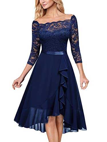 MIUSOL Women's Elegant Lace Chiffon 2/3 Sleeve Off-shoulder Cocktail Ball Bridesmaid Patry Swing Midi Dress