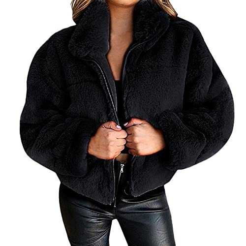 Womens Warm Plush Coats Casual Chic Oversized Zipper Teddy Winter Coat Long Sleeve Furry Lapel Outerwear With Pockets Thicken Faux Fur Jacket