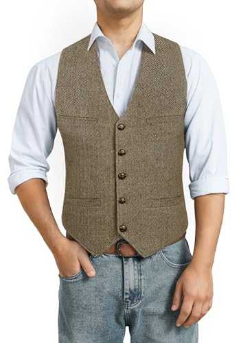 HISDERN Men's Formal Waistcoat Wedding Herringbone Tweed Wool Classic Solid Gents Single Breasted Waistcoats for Party Business Dress Suit Vest