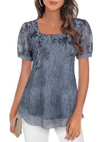 Flikity Womens Blouses Square Neck Tops Puff Short Sleeve Ladies Tunic Tops Chiffon Tops Double Layers Mesh Blouses Flowy Spring Summer Tops Casual T Shirts M-3XL