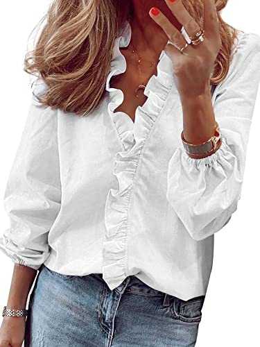 Morydal Ruffle Blouse for Women V Neck Shirt Blouse Long Sleeve Printed Shirts Ladies Elegant Shirt Office Work Blouses