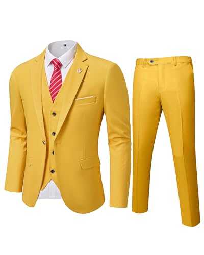 MYS Men's 3 Piece Slim Fit Suit Set, One Button Solid Jacket Vest Pants with Tie