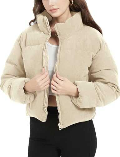 Flygo Cropped Puffer Jacket Womens Corduroy Winter Jackets Long Sleeve Down Puffer coat