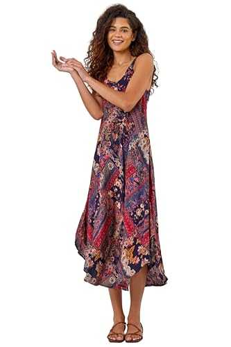 Roman Originals Patchwork Print Curved Hem Dress for Women UK - Ladies Everyday Holiday Spring Summer Round Neckline Comfy Soft Evening Vacation Work Party