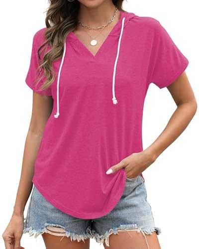 Poetsky Women's Summer V Neck Tee Shirts Short Sleeve Tunic Tops Loose Casual Workout Pullover Hoodies