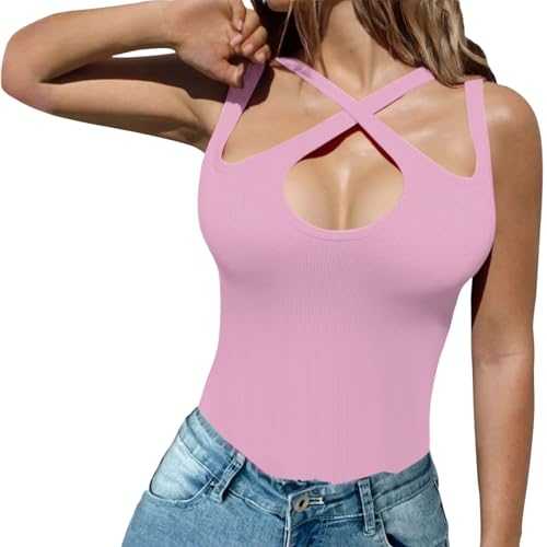 CixNy Tank Tops Women's Sexy Criss Cross Cut Out Camisole Elegant Summer Plain Sleeveless Undershirt Women Slim Fit Vest Halterneck Backless Crop Tops Y2K Shirts Streetwear