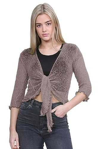 Women’s Shrugs, Double Fine Knit Bolero Cardigans for Women, 3/4 Sleeve Tie Front Top, Stretchy Cropped Cardigan, Ladies Evening Tops, Lightweight Summer Shrug