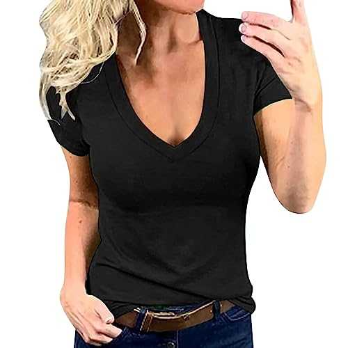 Nuaoxyeu Ladies Tee Shirts Women's Solid Color V Neck Fashion Sexy Short Sleeve T Shirt Shirts for Women Baggy T Shirts for Women UK Women's Blouses & Shirts Baggy Tops for Women UK