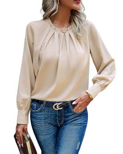 Atxnn Womens Blouses Chiffon Tops Round Ruffled Neck Shirts Lantern Long Sleeve Pleated Front Tunic Top for Business Work