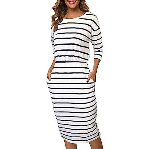 AMDOLE V Neck Dress for Women Summer Women's Fashion Round Neck Slim Long Sleeved Dress Flowing Dresses for Women