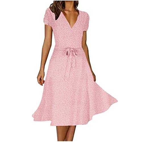 Zeiayuas Casual Midi Chiffon Dress for Women Summer Boho V Neck Short Sleeve Dresses Smocked Sexy Dresses Vintage Evening Dress Elegant Polka Dots Beach Holiday Prom Dress