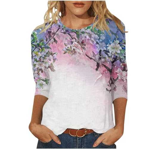 Skang tee Shirt Dresses Women's Spring/Summer Round Neck Flower Print Loose Casual 3/4 Sleeve T Shirt