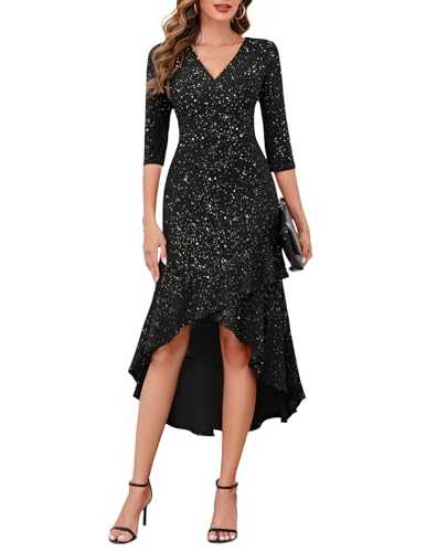 Berylove Evening Sequin Dress Formal Wedding Guest Glitter Sparkly Bodycon Dresses Elegant Birthday Ruffle High Low Dress