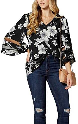 Women's Casual V Neck Blouse Shirt - 3/4 Bell Sleeve Loose Top with Mesh Panel Detail - Available in 18 Colors and 5 Sizes