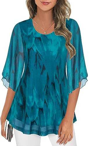 Ninedaily Women's Tops 3/4 Sleeve Blouses Dressy Casual Double Layers Mesh Tunic Shirts
