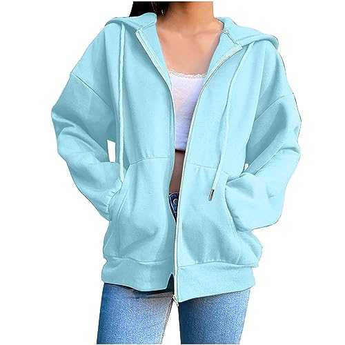 Ladies Solid Color Zip Up Hoodies Sweatshirt Women Tops Long Sleeves Casual Fashion Loose Hooded Jackets with Pockets