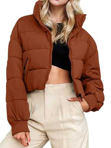 RUBZOOF Women's Winter Coats Cropped Puffer Jackets Zip-Up Stand Collar Pockets Long Sleeve Warm Trendy Short Down Jackets
