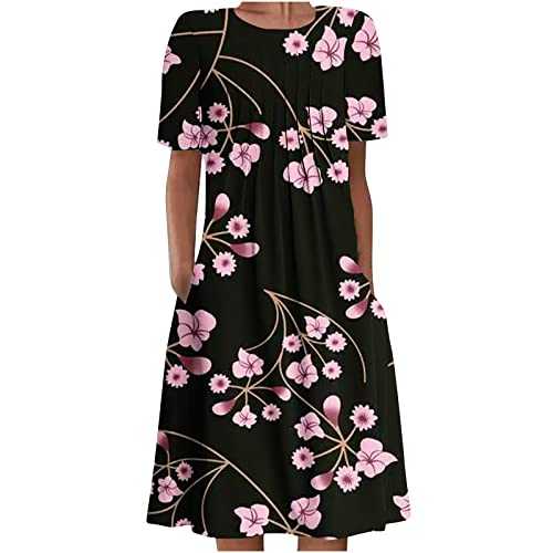 AMhomely Summer Dresses for Women UK Clearance Casual Round Neck Short Sleeve Folding Floral Printed Dresses for Special Occasions Ladies Maxi Dresses Plus Size Petite Sexy Dress UK Size