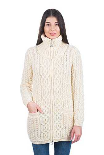 SAOL Ladies Irish Aran Zip Cardigan - 100% Merino Wool Ireland Coat with Pockets and Raised Collar