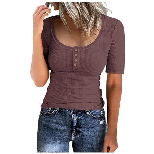 Womens T-Shirt Summer Short Sleeve Square Henley Neck Trendy Clothes Tops Tunic Women Ribbed Fitted Knit Shirt Tees Ladies Basic Tight T-Shirts Y2K Going Out Tops S-XXL