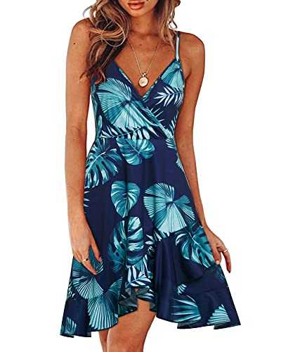 ULTRANICE Women's Summer Floral Wrap V Neck Sundress Adjustable Spaghetti Ruffle Swing Dress