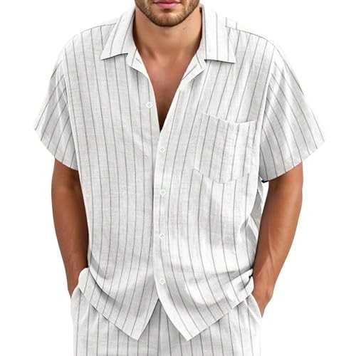 Summer Casual Shirt Men's Baggy Short Sleeve Shirt Button Down Lapels Striped T-Shirt Fashionable Thin Summer Shirts Beach Shirt Lightweight Cotton Linen Shirt Business Shirts Loungewear