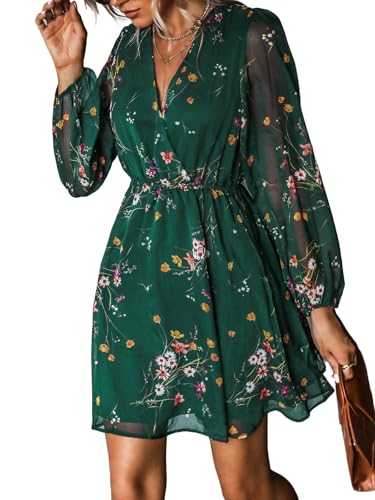 CUPSHE Women's Floral Print Chiffon A-Line Mini Dress Long Peasant Sleeves Elastic Autumn Dress