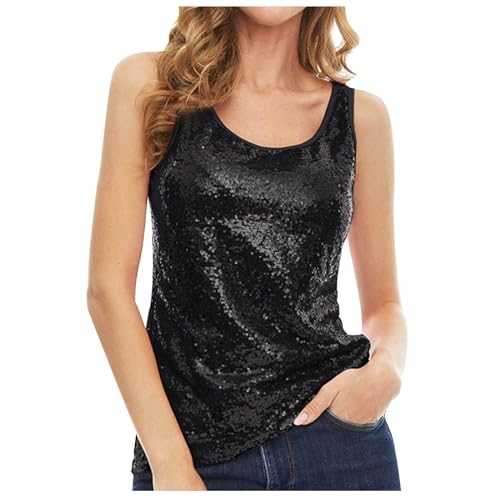 Ladies Sequins Vest Top Sleeveless Night Out Tank Tops Glitter Sequins Sparkle Vests Camisole Elegant Tshirts for Night Club Party UK Clearance