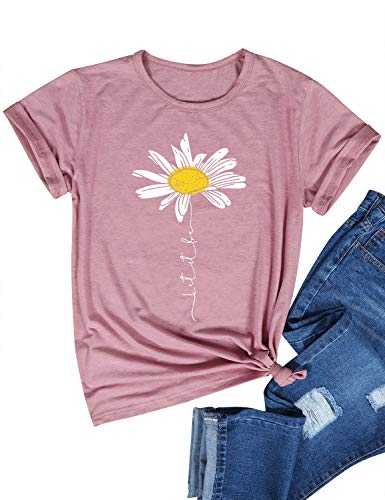 Dresswel Women Let It Be T Shirt Daisy Flower Graphic Print T-Shirt Crew Neck Short Sleeve Tee Tops