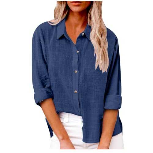 Womens Linen Shirt Tops Long Sleeve Button Down Summer Blouses V Neck Roll Up Loose Tees Dressy Blouse Office Work Ladies Tops Casual Plus Size Solid Color T-Shirt 2025