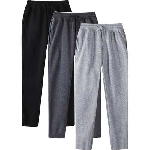 3 Pack Mens Joggers, Men's Open Hem Tracksuits Bottom Casual Jogger for Men Sports Trousers Straight Leg Activewear Wide Leg Jogging Sweatpants