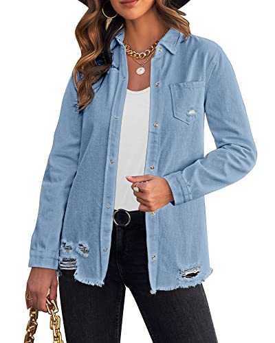 Roskiky Womens Denim Jackets Button Down Long Sleeves Jean Coat Ripped Chambray Denim Western Trucker
