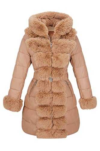 RISISSIDA Women Puffer Jacket with Long Fur Collar Hooded Winter Fashion, Thicken Thermal Fur-lined Leather Overcoat Belted
