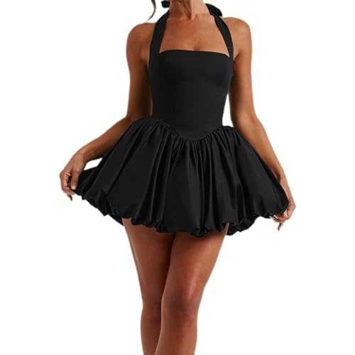 Felcia Women's Summer Mini Dress Elegant Halter Neck Short Bubble Dress Sleeveless Backless Party Cocktail A Line Dress Streetwear